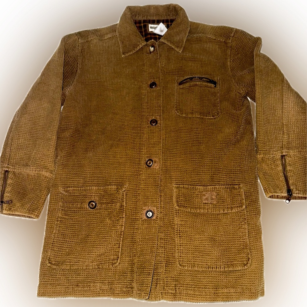 Vintage retro corduroy textured tan button up utility jacket for fall cozy vibes